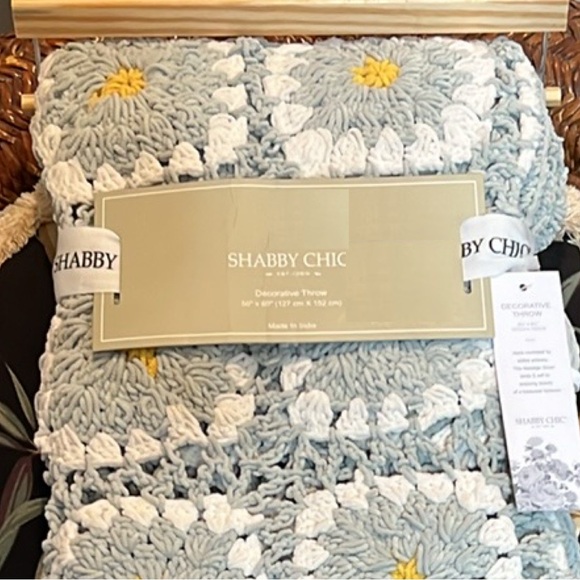 NEW Shabby Chic Decorative Throw Chunky Crochet Daisy Blanket Blue White Yellow - Picture 4 of 7